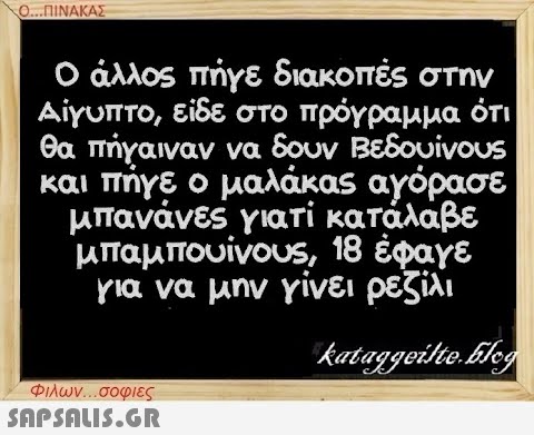 Ο...ΠΙΝΑΚΑΣ Ο άλλος πήγε διακοπές στην Αίγυπτο, είδε στο πρόγραμμα ότι θα πήγαιναν να δουν Βεδουίνους και πήγε ο μαλάκας αγόρασε μπανάνες γιατί κατάλαβε μπαμπουίνους, 18 έφαγε για να μην γίνει ρεζίλι kataggeilte.Elog Φιλων...σοφιες