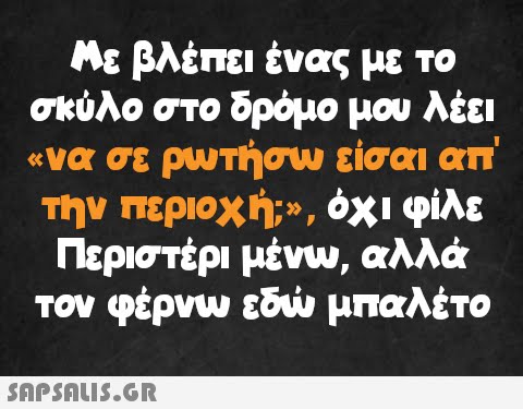 Με βλέπει ένας με το σκύλο στο δρόμο μου λέει «να σε ρωτήσω είσαι απ  την περιοχή;», όχι φίλε Περιστέρι μένω, αλλά τον φέρνω εδώ μπαλέτο