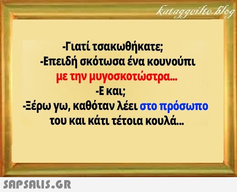 Γιατί τσακωθήκατε; -Επειδή σκότωσα ένα κουνούπι με την μυγοσκοτστρα.. -Εκαι; Ξέρω γω, καθόταν λέει στο πρόσωπο του και κάτι τέτοια κουλά .