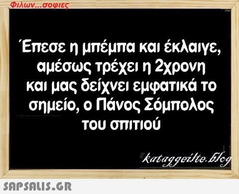 Φιλων...σοφιες Έπεσε η μπέμπα και έκλαιγε, αμέσως τρέχει η 2χρονη και μας δείχνει εμφατικά το σημείο, ο Πάνος Σόμπολος του σπιτιού  kataggeilte.Elog