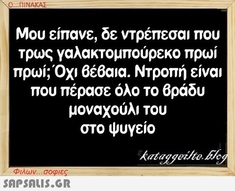 Ο...ΠΙΝΑΚΑΣ Μου είπανε, δε ντρέπεσαι που τρως γαλακτομπούρεκο πρωί πρωί; Όχι βέβαια. Ντροπή είναι που πέρασε όλο το βράδυ μοναχούλι του στο ψυγείο Φιλων...σοφιες  kataggeilteEleg