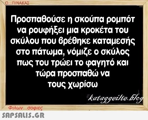 Ο...ΠΙΝΑΚΑΣ Προσπαθούσε η σκούπα ρομπότ να ρουφήξει μια κροκέτα του σκύλου που βρέθηκε καταμεσής στο πάτωμα, νόμιζε ο σκύλος πως του τρώει το φαγητό και τώρα προσπαθώ να τους χωρίσω kataggeilte.flog Φιλων...σοφιες