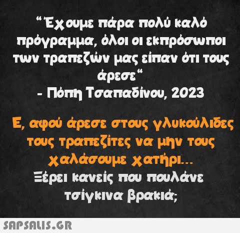 “Έχουμε πάρα πολύ καλό πρόγραμμα, όλοι οι εκπρόσωποι των τραπεζών μας είπαν ότι τους άρεσε - Πόπη Τσαπαδίνου, 2023 Ε, αφού άρεσε στους γλυκούλιδες τους τραπεζίτες να μην τους χαλάσουμε χατήρι... Ξέρει κανείς που πουλάνε τσίγκινα βρακιά;