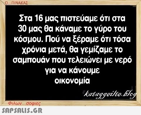 Ο...ΠΙΝΑΚΑΣ Στα 16 μας πιστεύαμε ότι στα 30 μας θα κάναμε το γύρο του κόσμου. Πού να ξέραμε ότι τόσα χρόνια μετά, θα γεμίζαμε το σαμπουάν που τελειώνει με νερό για να κάνουμε οικονομία Φιλων...σοφιες  kataggeilte.Elog