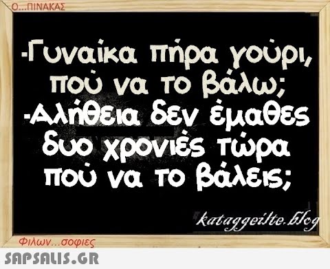 Ο...ΠΙΝΑΚΑΣ Γυναίκα πήρα γούρι, πού να το βάλω; Αλήθεια δεν έμαθες δυο χρονιές τώρα που να το βάλεις; kataggeilteEleg Φιλων...σοφιες