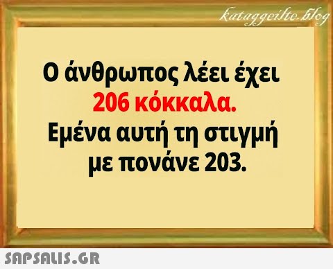 Ο άνθρωπος λέει έχει 206 κόκκαλα. Εμένα αυτή τη στιγμή με πονάνε 203.