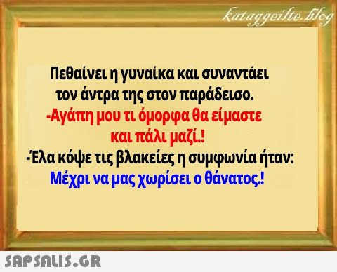 Πεθαίνει ηγυναίκα και συναντάει τον άντρα της στον παράδεισο. - Αγάπη μου τι όμορφα θα είμαστε και πάλι μαζί.! Ελα κόψε τις βλακείες η συμφωνία ήταν: Μέχρι να μας χωρίσει ο θάνατος!