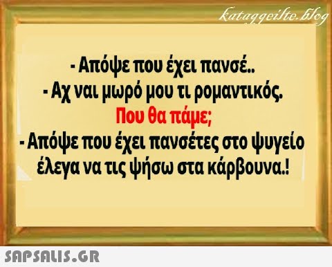 - Απόψε που έχει πανσέ . - Αχναι μωρό μου τι ρομαντικός Που θα πάμε; - Απόψε που έχει πανσέτες στο ψυγείο έλεγα να τις ψήσω στα κάρβουνα! SnPSALI5.GR