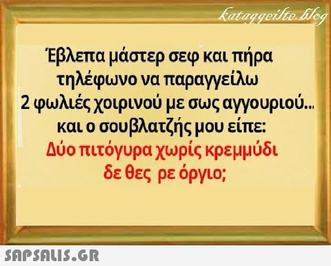 Έβλεπα μάστερ σεφ και πήρα τηλέφωνο να παραγγείλω 2 φωλιές χοιρινού με σως αγγουριού.. και ο σουβλατζής μου είπε: Δύο πιτόγυρα χωρίς κρεμμύδι δε θες ρε όργιο;