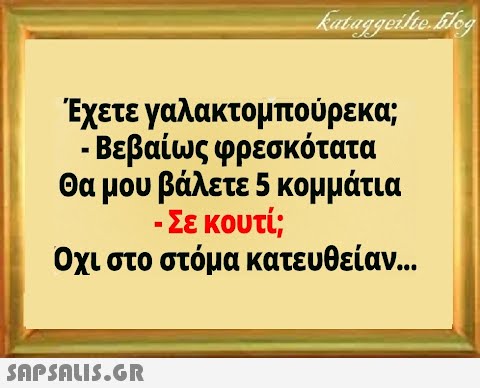 Έχετε γαλακτομπούρεκα; . Βεβαίως φρεσκότατα θα μου βάλετε 5 κομμάτια - Σε κουτί; Όχι στο στόμα κατευθείαν...