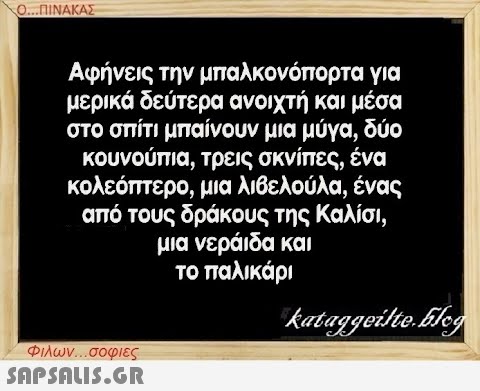 Ο...ΠΙΝΑΚΑΣ Αφήνεις την μπαλκονόπορτα για μερικά δεύτερα ανοιχτή και μέσα στο σπίτι μπαίνουν μια μύγα, δύο κουνούπια, τρεις σκνίπες, ένα κολεόπτερο, μια λιβελούλα, ένας από τους δράκους της Καλίσι, μια νεράιδα και το παλικάρι Φιλων...σοφιες  kataggeilte.Elog