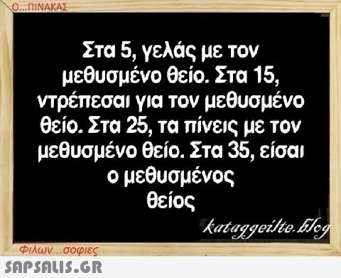 Ο...ΠΙΝΑΚΑΣ Στα 5, γελάς με τον μεθυσμένο θείο. Στα 15, ντρέπεσαι για τον μεθυσμένο θείο. Στα 25, τα πίνεις με τον μεθυσμένο θείο. Στα 35, είσαι ο μεθυσμένος θείος Φιλων...σοφιες  kataggeilte.Elog