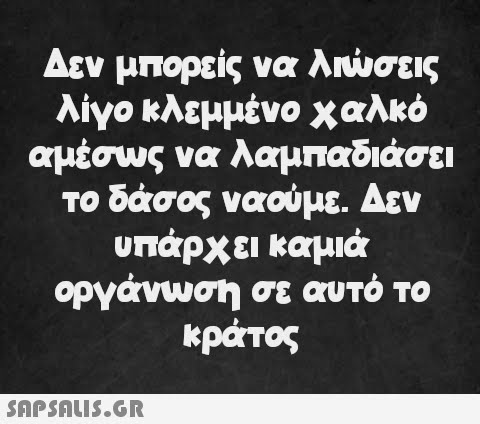 Δεν μπορείς να λιώσεις λίγο κλεμμένο χαλκό αμέσως να λαμπαδιάσει το δάσος ναούμε. Δεν υπάρχει καμιά οργάνωση σε αυτό το κράτος