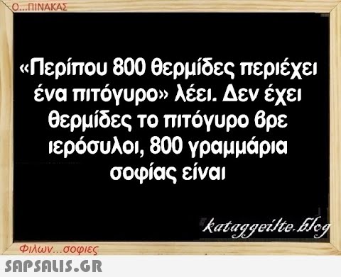 Ο...ΠΙΝΑΚΑΣ «Περίπου 800 θερμίδες περιέχει ένα πιτόγυρο» λέει. Δεν έχει θερμίδες το πιτόγυρο βρε ιερόσυλοι, 800 γραμμάρια σοφίας είναι Φιλων...σοφιες  kataggeilte.Elog