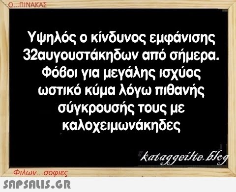 Ο...ΠΙΝΑΚΑΣ Υψηλός ο κίνδυνος εμφάνισης 32αυγουστάκηδων από σήμερα. Φόβοι για μεγάλης ισχύος ωστικό κύμα λόγω πιθανής σύγκρουσής τους με καλοχειμωνάκηδες Φιλων...σοφιες  kataggeilte.Elog