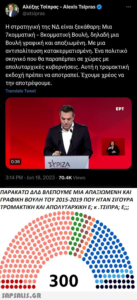 Αλέξης Τσίπρας - Alexis Tsipras @atsipras Η στρατηγική της ΝΔ είναι ξεκάθαρη: Μια 7κομματική - 8κομματική Βουλή, δηλαδή μια Βουλή γραφική και απαξιωμένη. Με μια αντιπολίτευση κατακερματισμένη. Ένα πολιτικό σκηνικό που θα παραπέμπει σε χώρες με απολυταρχικές κυβερνήσεις. Αυτή η τρομακτική εκδοχή πρέπει να αποτραπεί. Έχουμε χρέος να την αποτρέψουμε. Translate Tweet 0:36 ΣΥΡΙΖΑ 3:14 PM : Jun 18, 2023 - 70.4K Views ΠΑΡΑΚΑΤΩ ΔΛΔ ΒΛΕΠΟΥΜΕ ΜΙΑ ΑΠΑΞΙΩΜΕΝΗ ΚΑΙ ΓΡΑΦΙΚΗ ΒΟΥΛΗ ΤΟΥ 2015-2019 ΠΟΥ ΗΤΑΝ ΣΙΓΟΥΡΑ ΤΡΟΜΑΚΤΙΚΗ ΚΑΙ ΑΠΟΛΥΤΑΡΧΙΚΗ Ε; « .ΤΣΙΠΡΑ; Ε;;;  ΕΡΤ 300