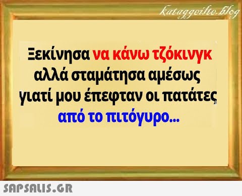 Ξεκίνησα να κάνω τζόκινγκ αλλά σταμάτησα αμέσως γιατί μου έπεφταν οι πατάτες από το πιτόγυρο. ..