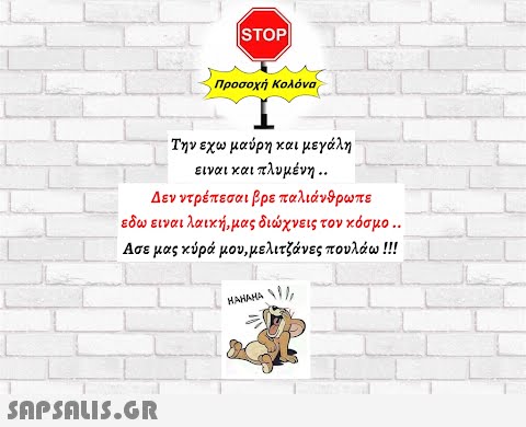 STOP Προσοχή Κολόνα, Την εχω μαύρη και μεγάλη ειναι και πλυμένη . . Δεν ντρέπεσαι βρε παλιάνθρωπε εδω ειναι λαική, μας διχνεις τον κόσμο .. Ασε μας κύρά μου, μελιτζάνες πουλάω !!